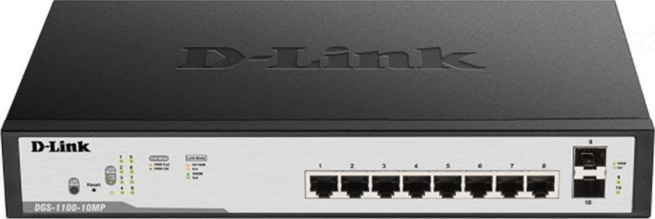 D-Link 10-Port Long Range PoE+ Smart Switch | DGS-F1100-10PS-E/B | 250m Range | 8 PoE Ports | 96W Budget - Oryx Computers Qatar