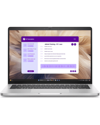 Silver laptop with a purple admin training dashboard visible on the screen.