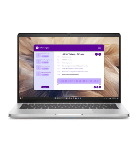 Silver laptop with a purple admin training dashboard visible on the screen.