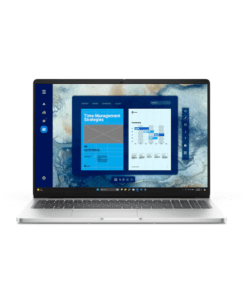 Silver laptop open to display a blue data dashboard with charts and side panels on the screen.