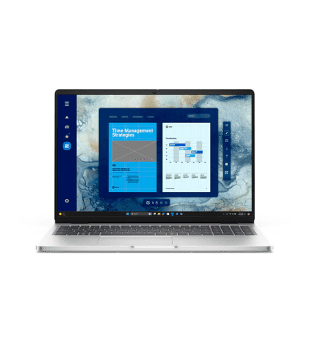Silver laptop open to display a blue data dashboard with charts and side panels on the screen.