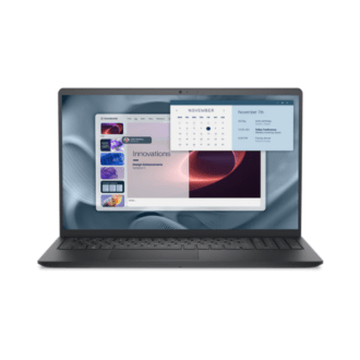 Slim black laptop open, displaying a software dashboard with multiple panels and a floating calendar popup on the screen