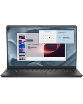 Slim black laptop open, displaying a software dashboard with multiple panels and a floating calendar popup on the screen