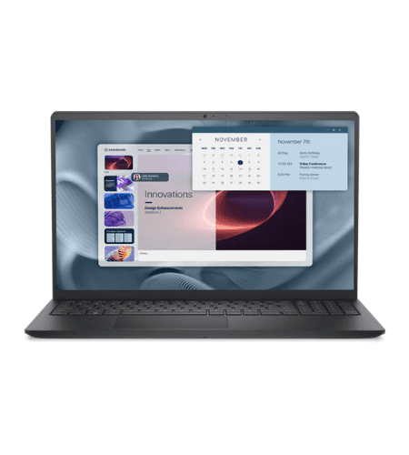 Slim black laptop open, displaying a software dashboard with multiple panels and a floating calendar popup on the screen