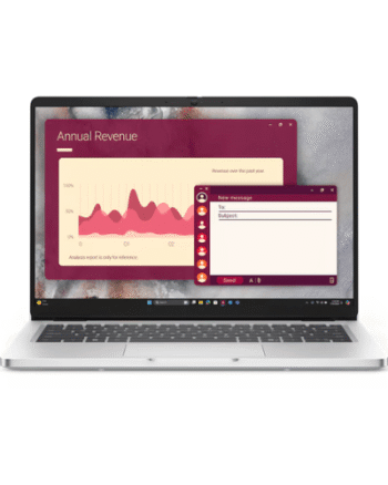Laptop displaying a dashboard with an 'Annual Revenue' chart and an open email compose window.