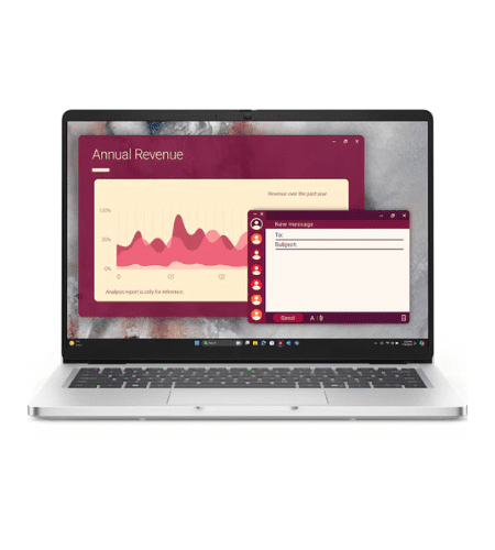 Laptop displaying a dashboard with an 'Annual Revenue' chart and an open email compose window.